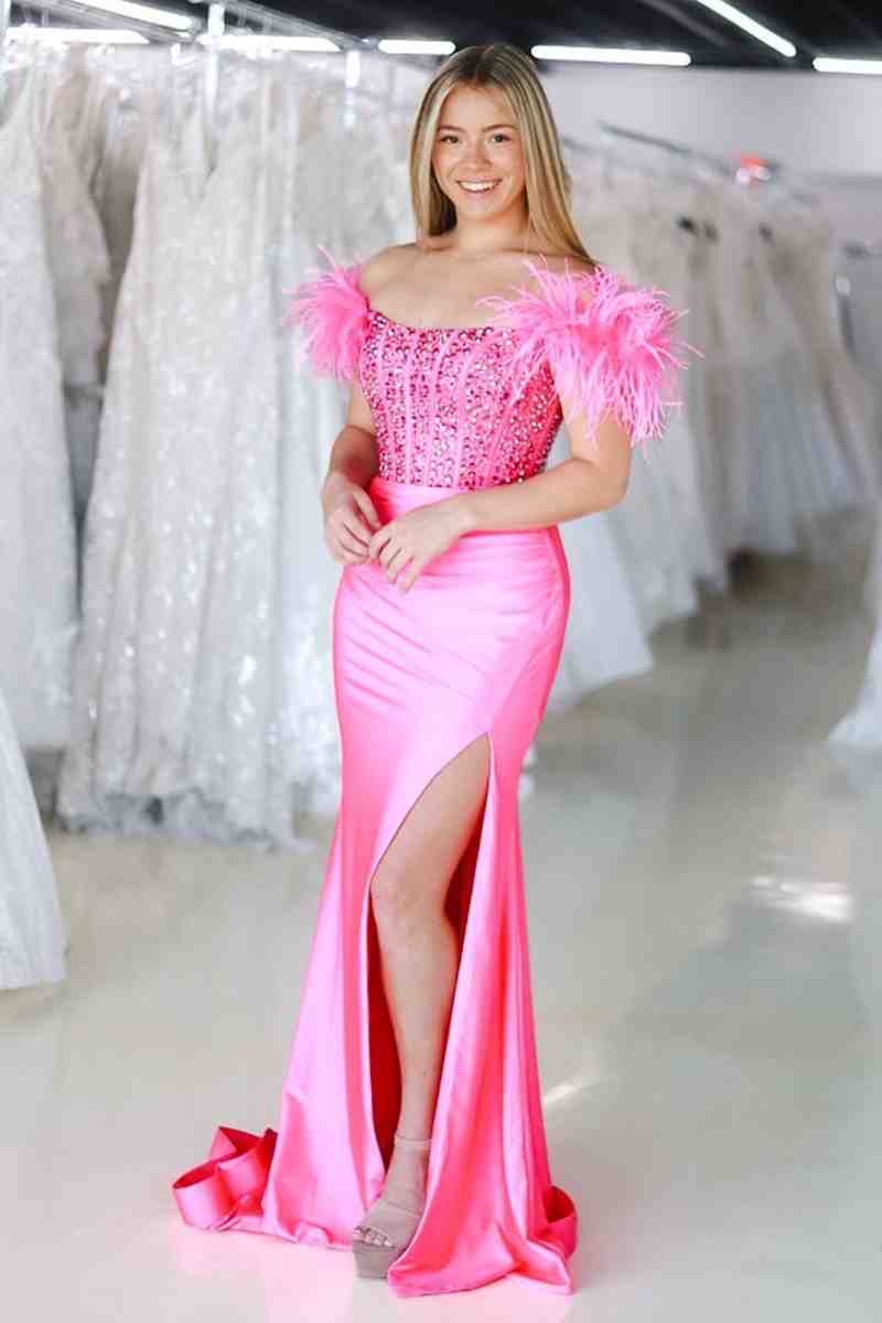 New Mermaid Satin Off The Shoulder Beaded Side Slit Long Prom Dresses With Feather - KissProm