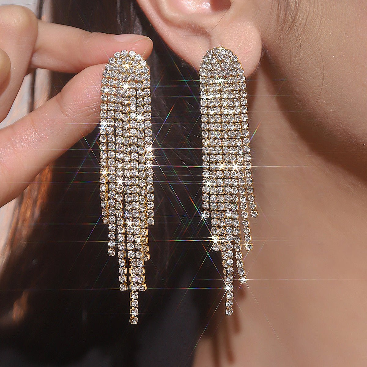 Tassel Gold Small Circle Long Earrings with Rhinestones - KissProm