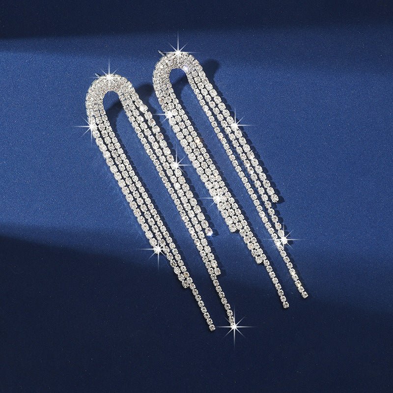 Tassel Gold Long Earrings with Rhinestones - KissProm