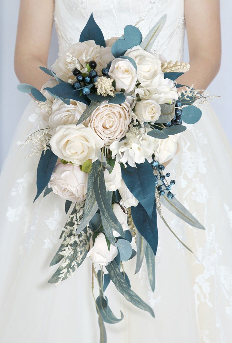 Artificial Cascade Silk Roses Wedding Bridal Bouquets - KissProm