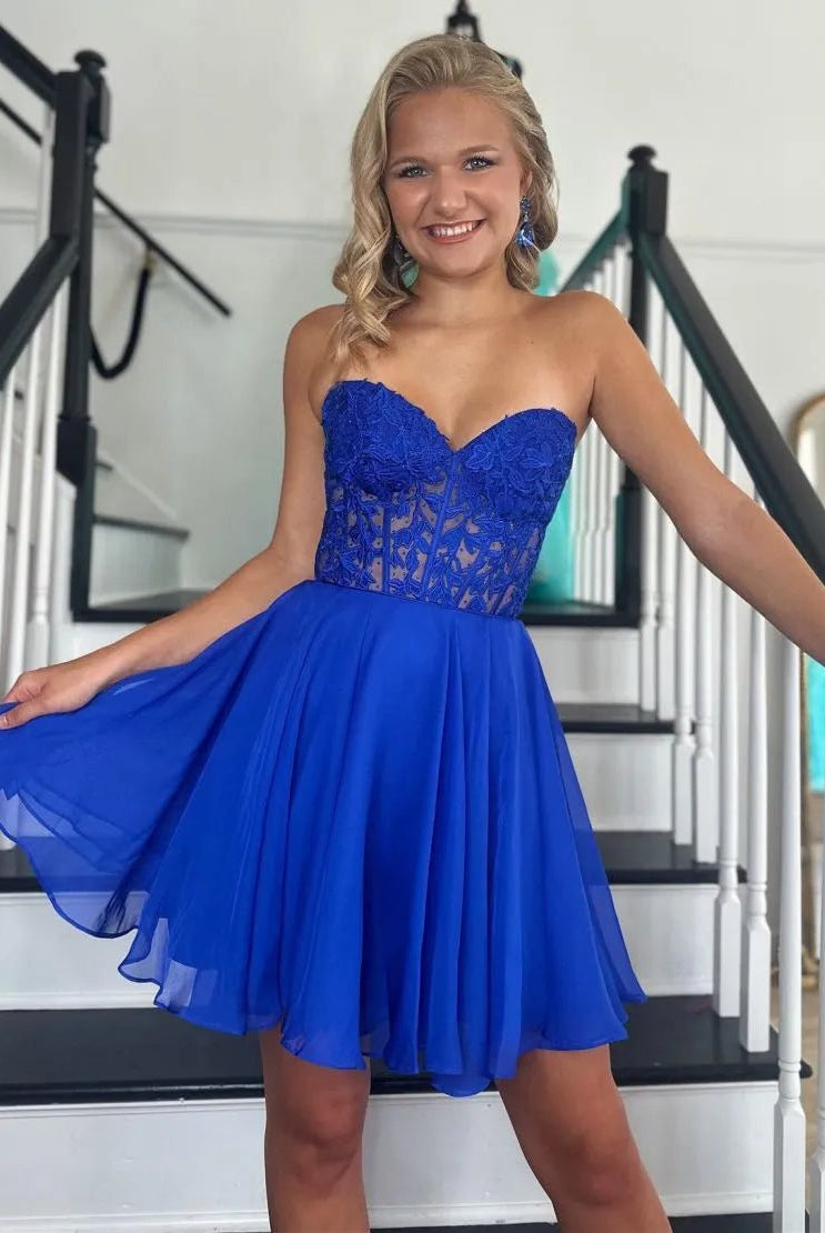 Lavinia |A Line Lace Off the Shoulder Homecoming Dress with Appliques