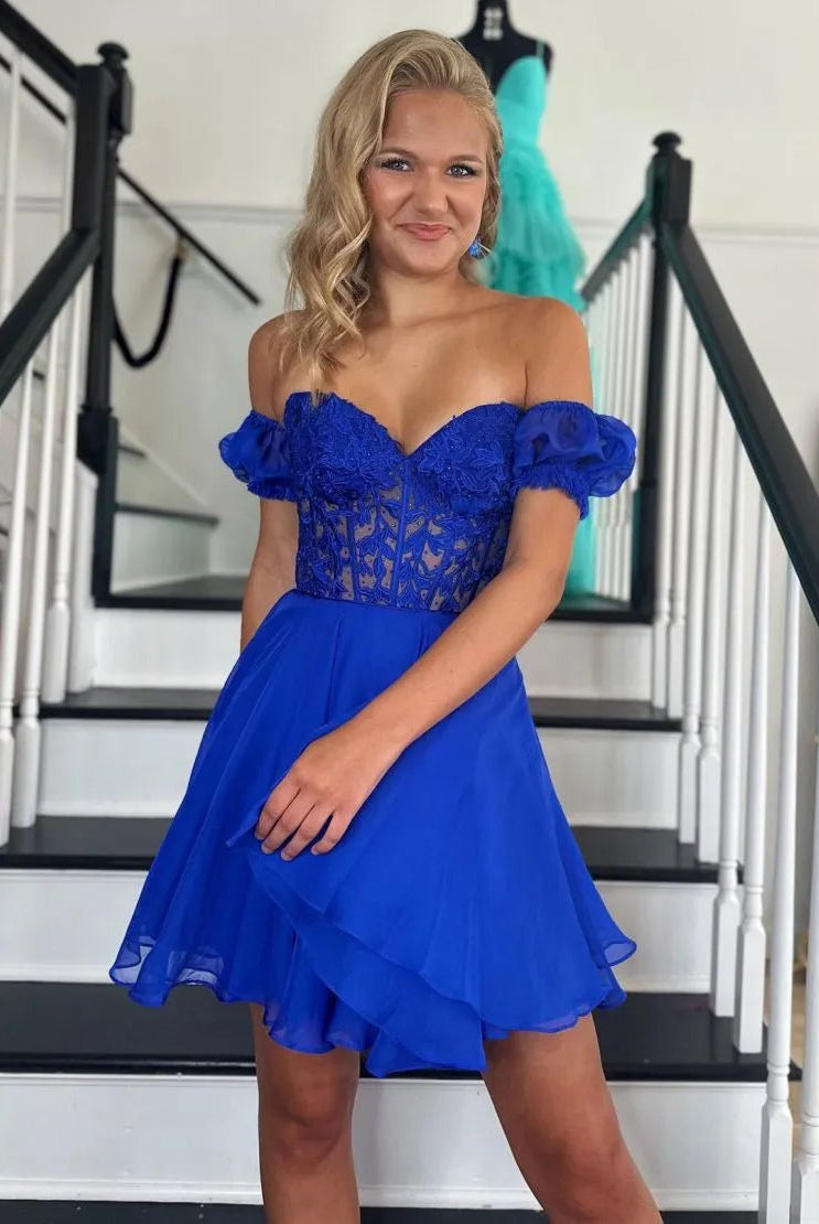 Lavinia |A Line Lace Off the Shoulder Homecoming Dress with Appliques