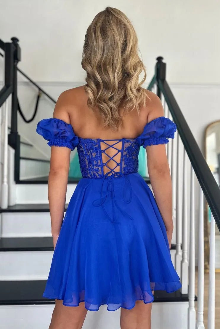 Lavinia |A Line Lace Off the Shoulder Homecoming Dress with Appliques
