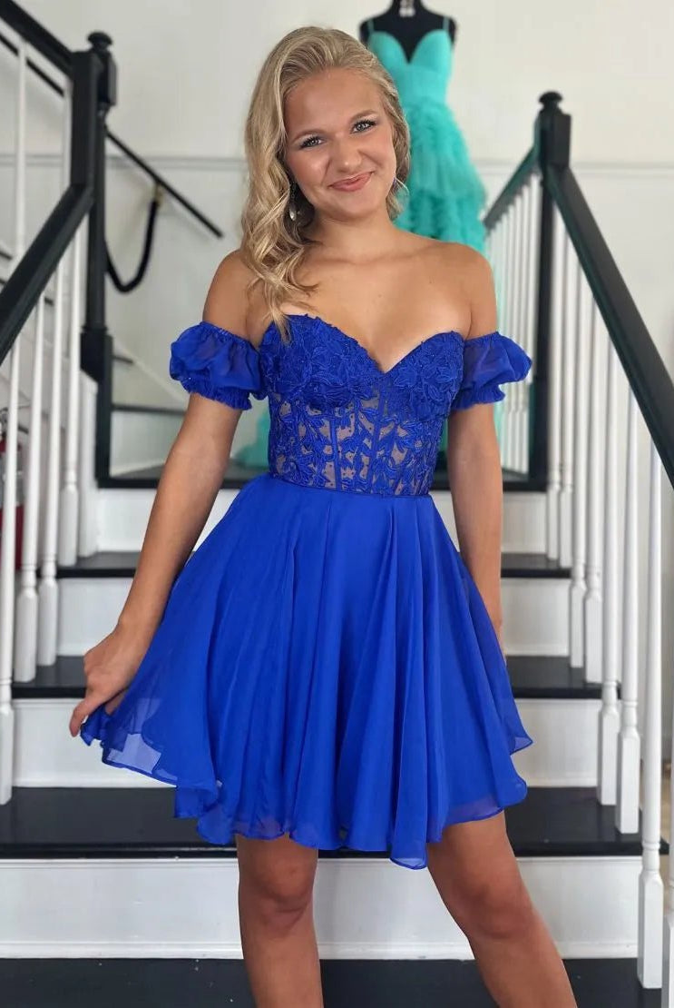 Lavinia |A Line Lace Off the Shoulder Homecoming Dress with Appliques