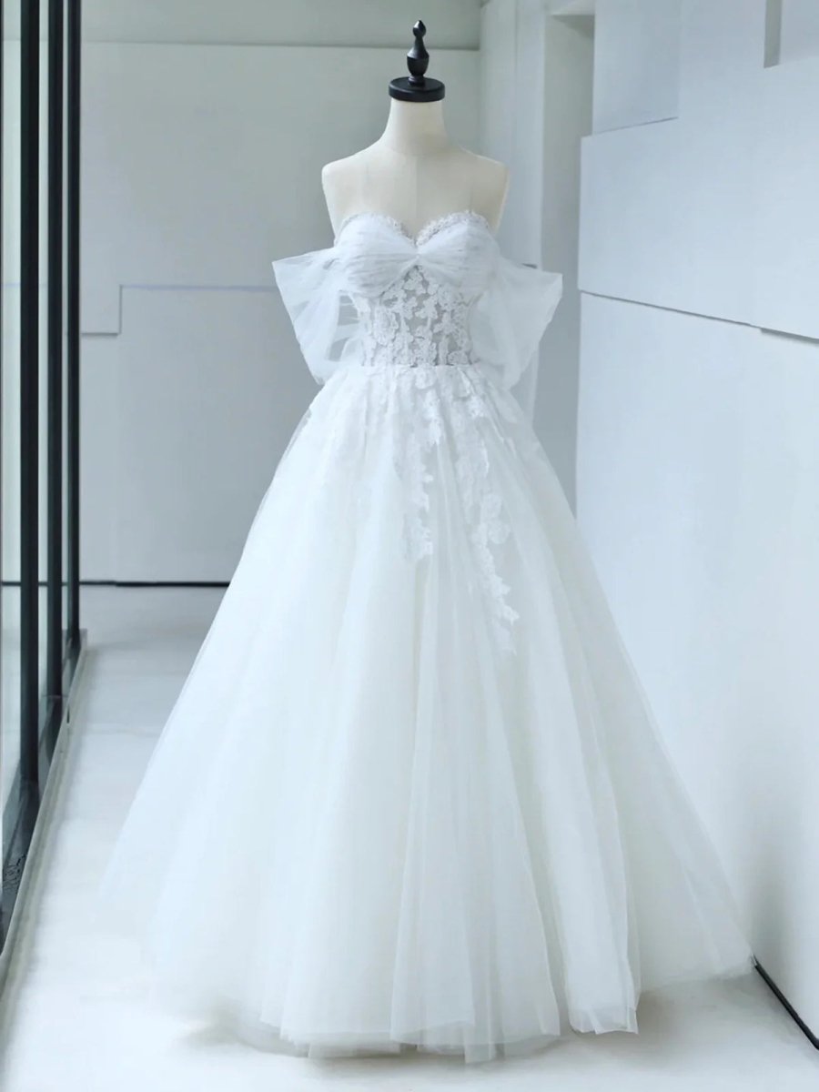 Off the Shoulder White Lace Appliques Sleeveless Lace-Up Wedding Dresses