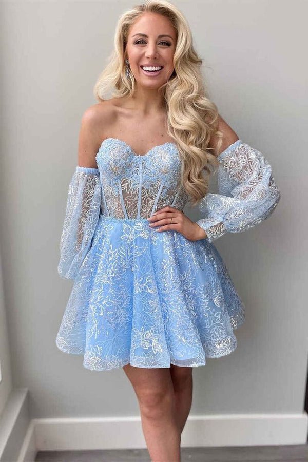 Skylar |A Line Sweetheart Corset Homecoming Dress with Sleeves