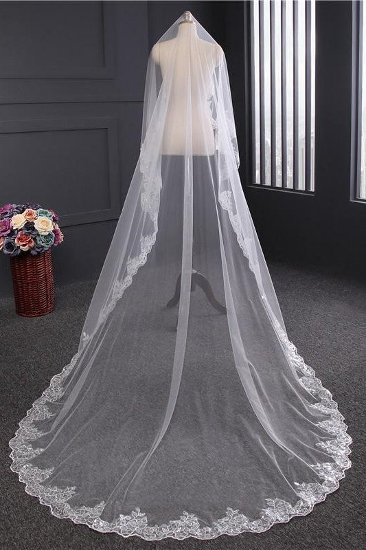 Vintage One-Tier Tulle Lace Long Wedding Veil