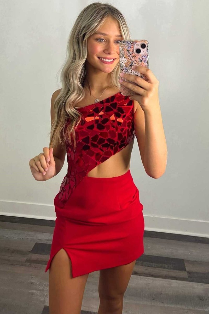Red Sheath One Shoulder Sequins Mini Party Dresses with Slit