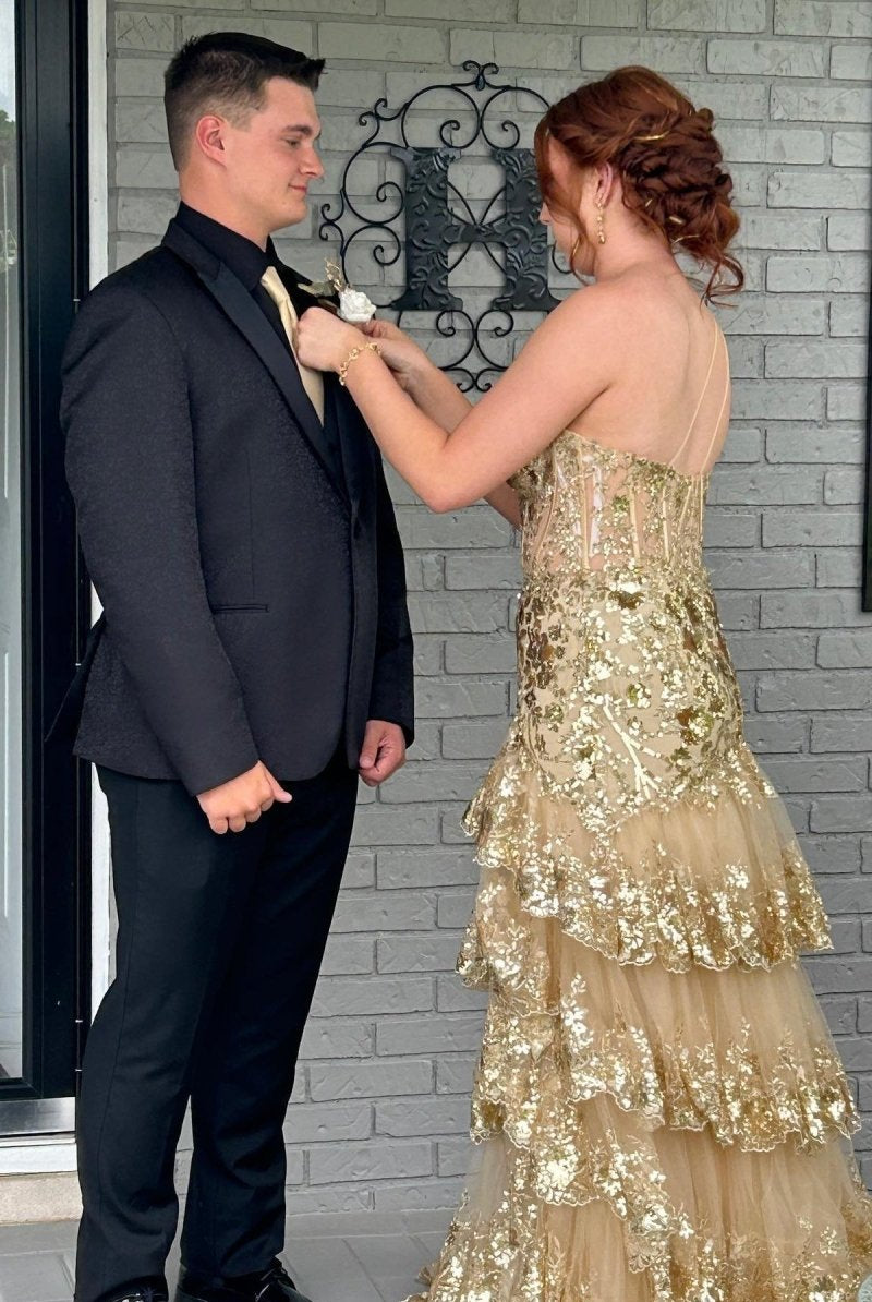 Andrea |Sheath One Shoulder Tiered Lace Long Prom Dress