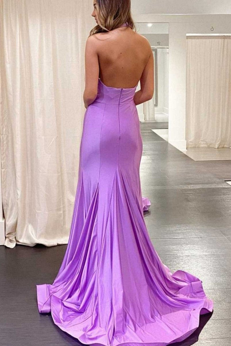Halter Cross Neck Purple Long Bodycon Prom Dress - KissProm