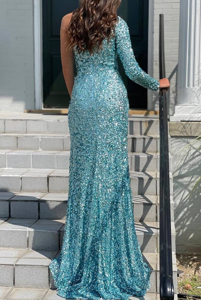 One-shoulder Long Sleeve Tiffany Blue Sequins Long Formal Dress