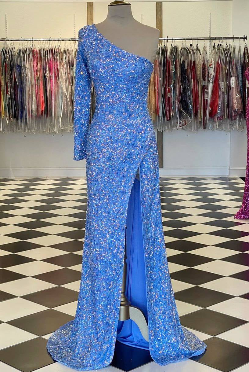 One-shoulder Long Sleeve Tiffany Blue Sequins Long Formal Dress