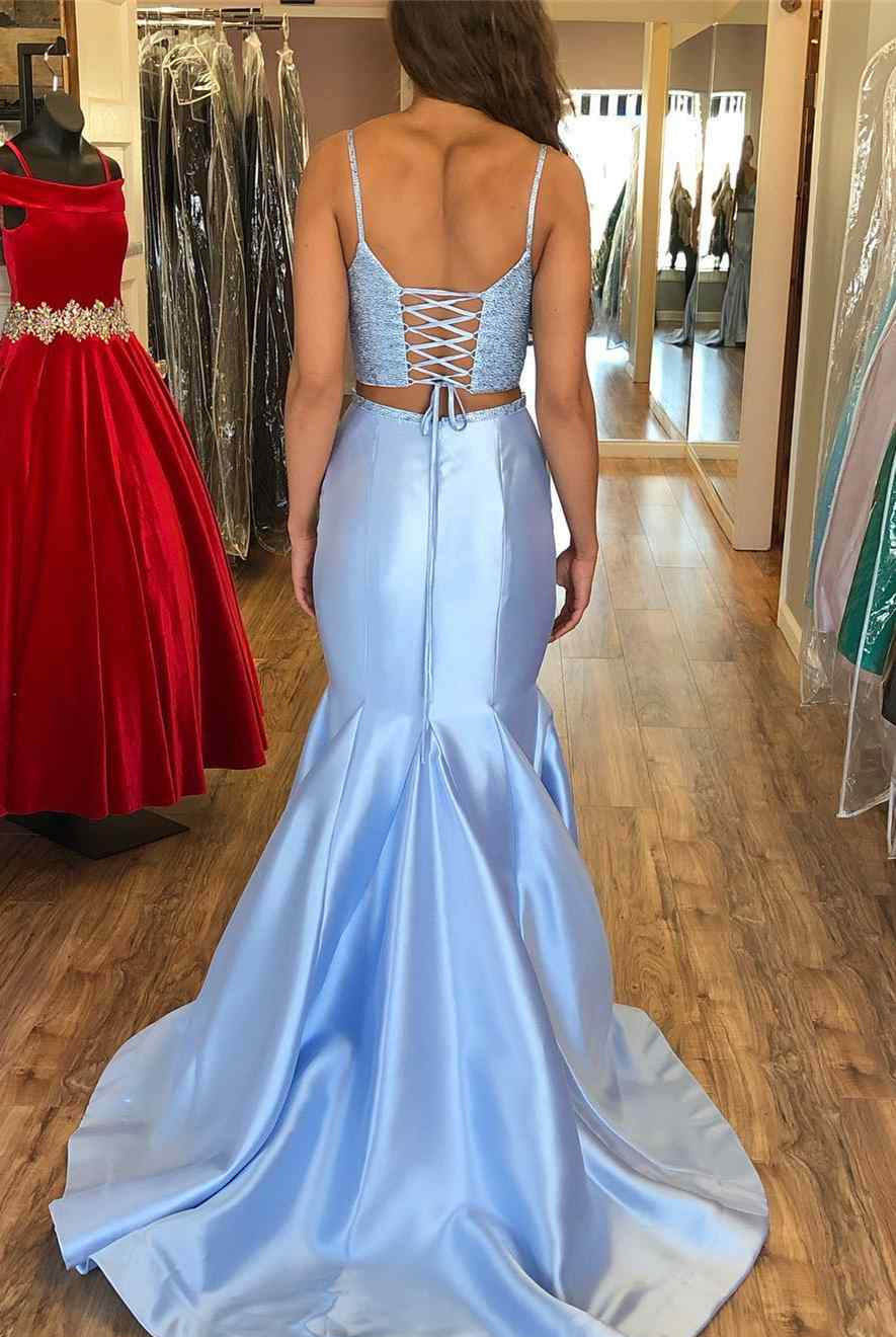 Two - Piece Glitter Light Blue Straps Trumpet Long Prom Dress - KissProm