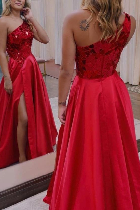 Magnolia |A Line One Shoulder Sequins Long Prom Dress with Slit