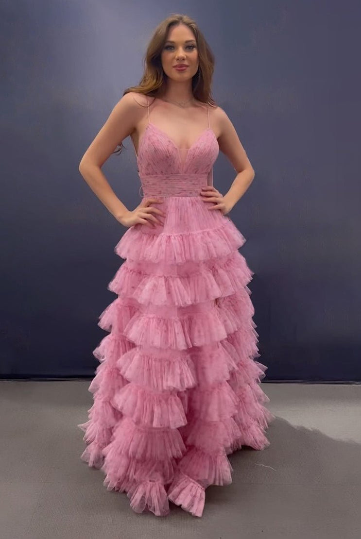 Ansley | Pink A Line Spaghetti Straps Open Back Tiered Long Prom Dress - KissProm