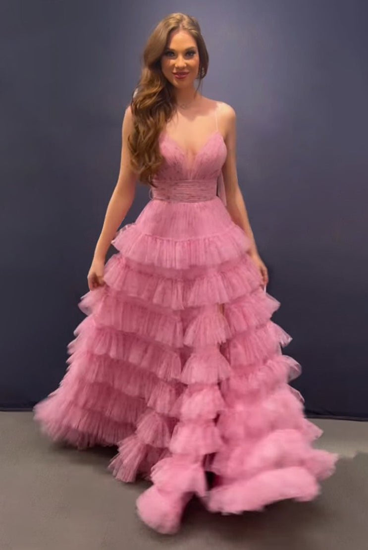 Ansley | Pink A Line Spaghetti Straps Open Back Tiered Long Prom Dress - KissProm
