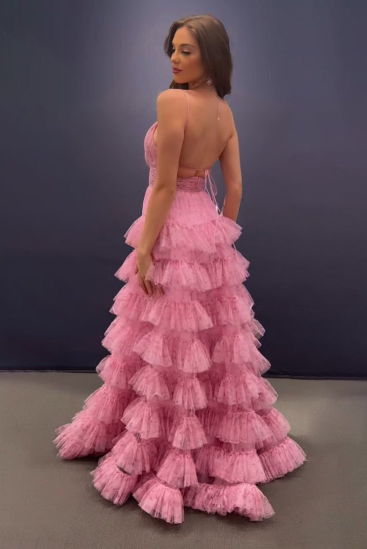 Ansley | Pink A Line Spaghetti Straps Open Back Tiered Long Prom Dress - KissProm