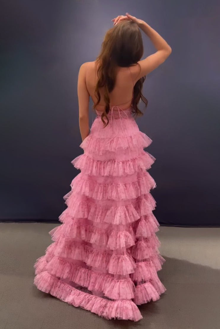 Ansley | Pink A Line Spaghetti Straps Open Back Tiered Long Prom Dress - KissProm