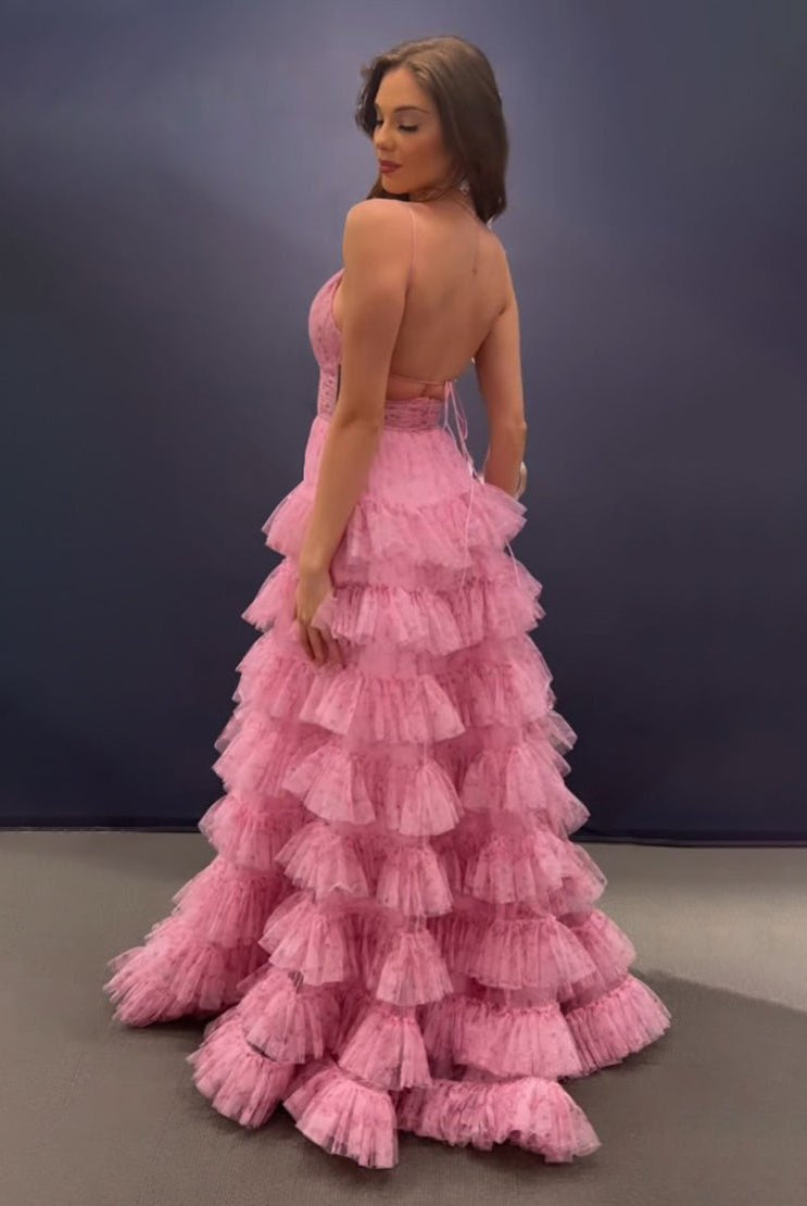 Ansley | Pink A Line Spaghetti Straps Open Back Tiered Long Prom Dress - KissProm