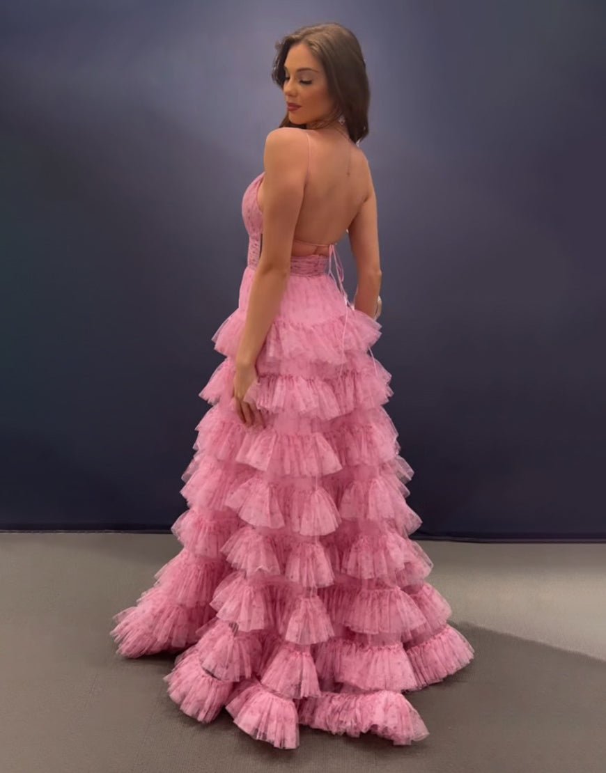 Ansley | Pink A Line Spaghetti Straps Open Back Tiered Long Prom Dress - KissProm