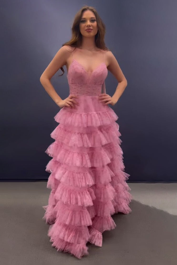 Ansley | Pink A Line Spaghetti Straps Open Back Tiered Long Prom Dress - KissProm