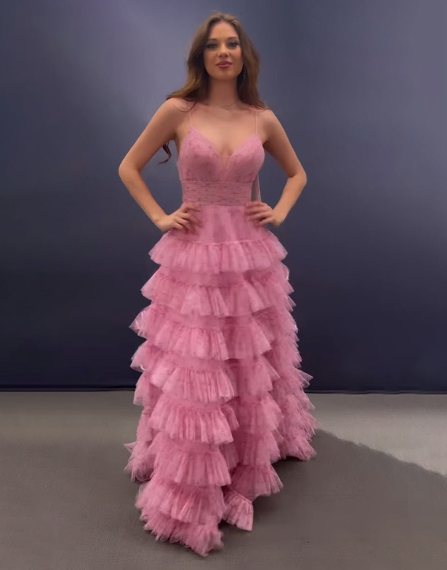Ansley | Pink A Line Spaghetti Straps Open Back Tiered Long Prom Dress - KissProm