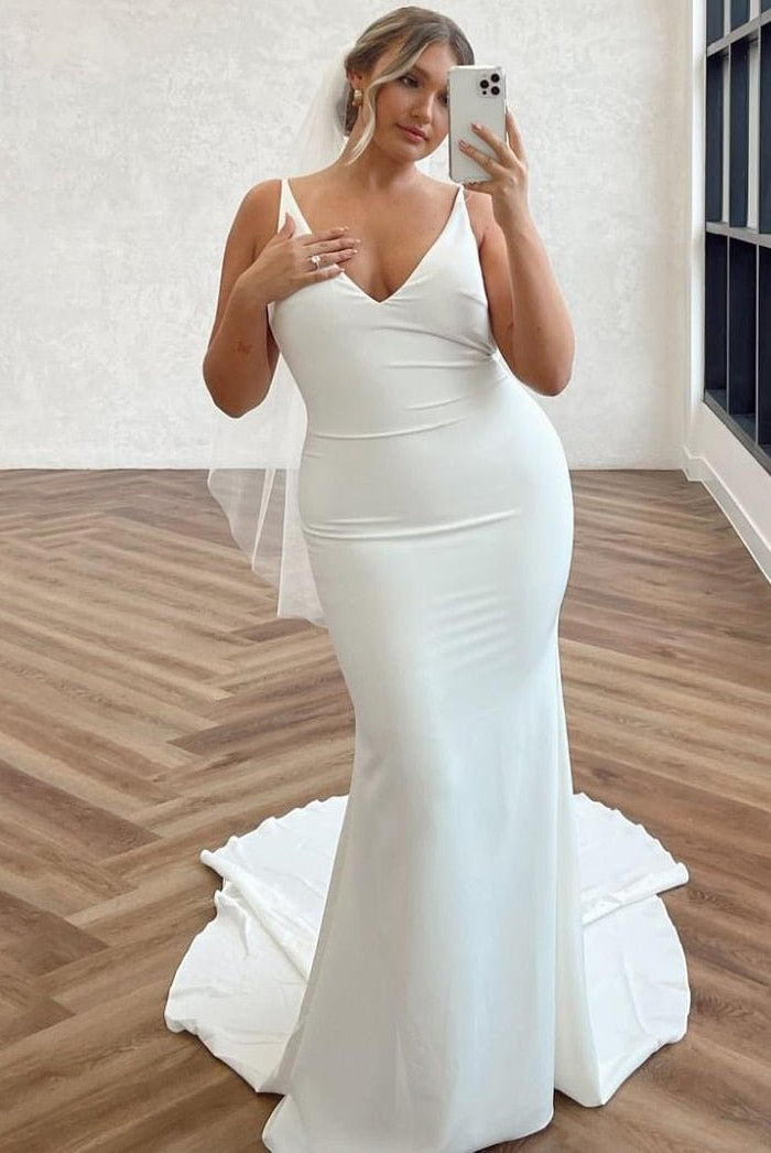 Mermaid Chiffon Detachable Drape Back V-neck Satin Wedding Dresses