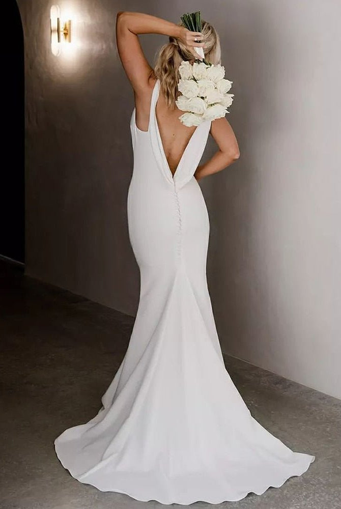 Mermaid Chiffon Detachable Drape Back V-neck Satin Wedding Dresses