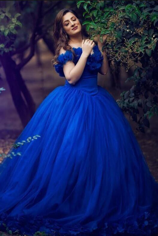 Quinceanera Dress Princess Tulle Royal Blue Wedding Dresses Flowers Off The Shoulder