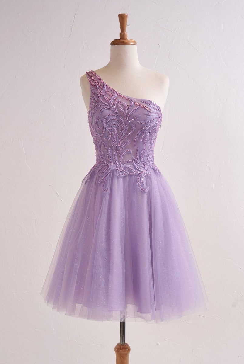 Amiri | One Shoulder A-line Lilac Short Homecoming Dress with Appliques
