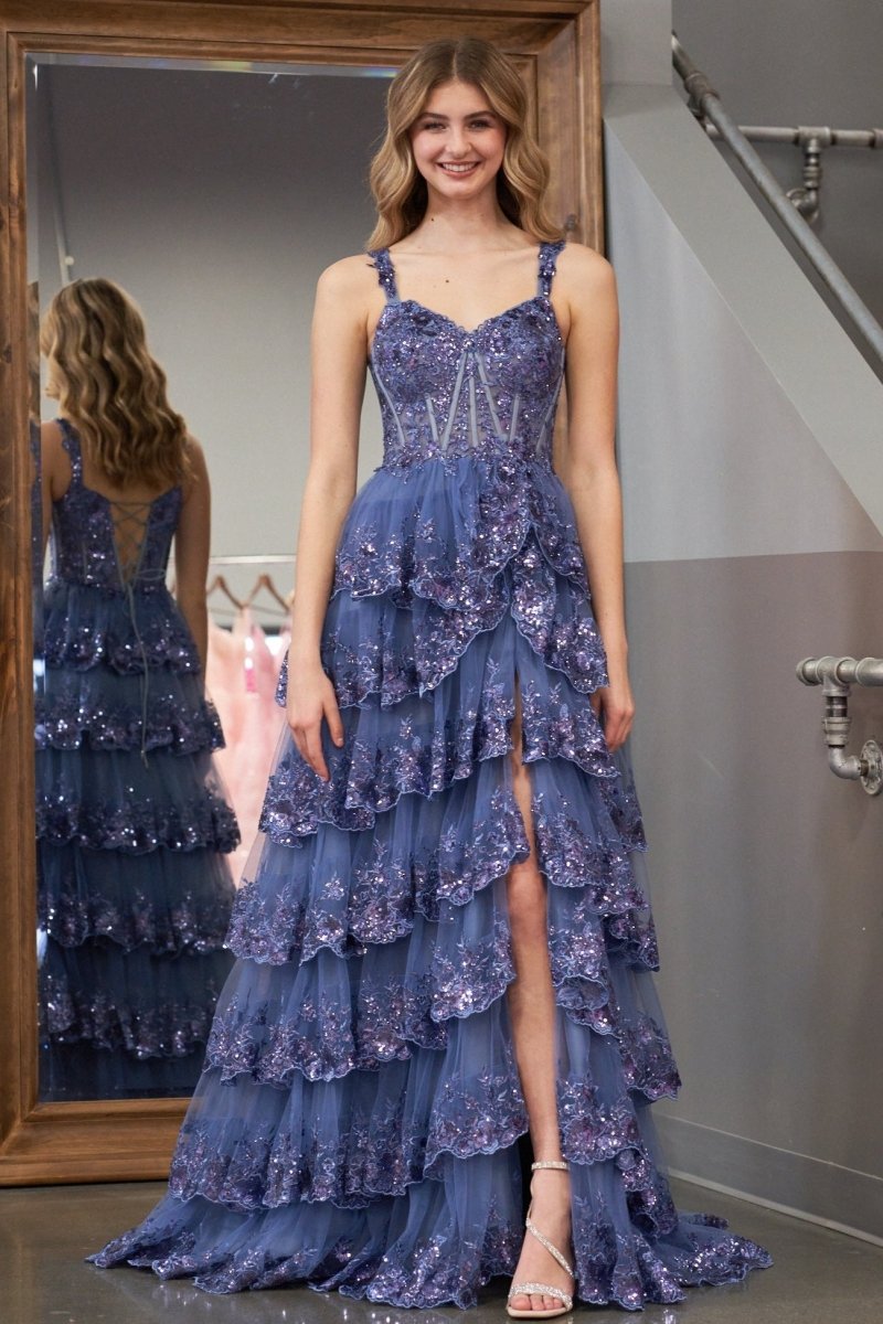 Capri | A-Line Lace Off-the-Shoulder Tiered Long Prom Dress with Slit