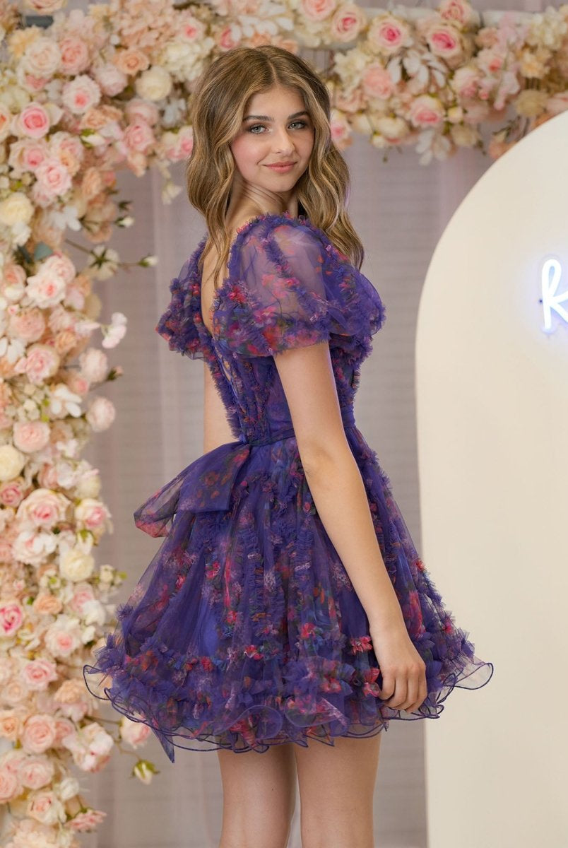 Ivana | Purple A Line Off the Shoulder Printed Homecoming Dress