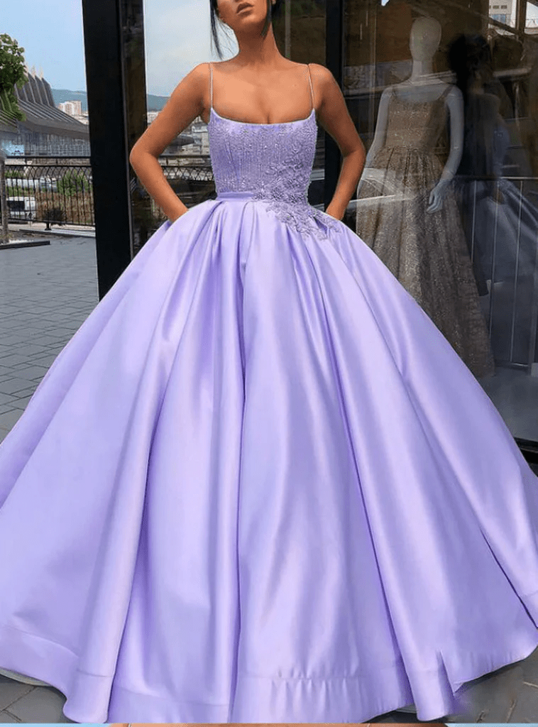 Lavender Ball Gown Spaghetti Straps Satin Dress With Pocket Quinceanera Dress