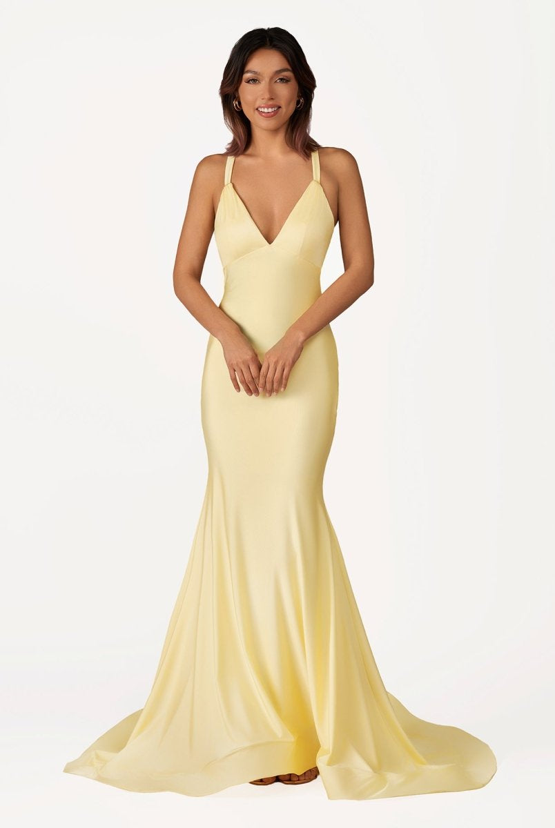Quaylee | Yellow Mermaid V-Neck Satin Prom Dresses With Tail Evening Dress