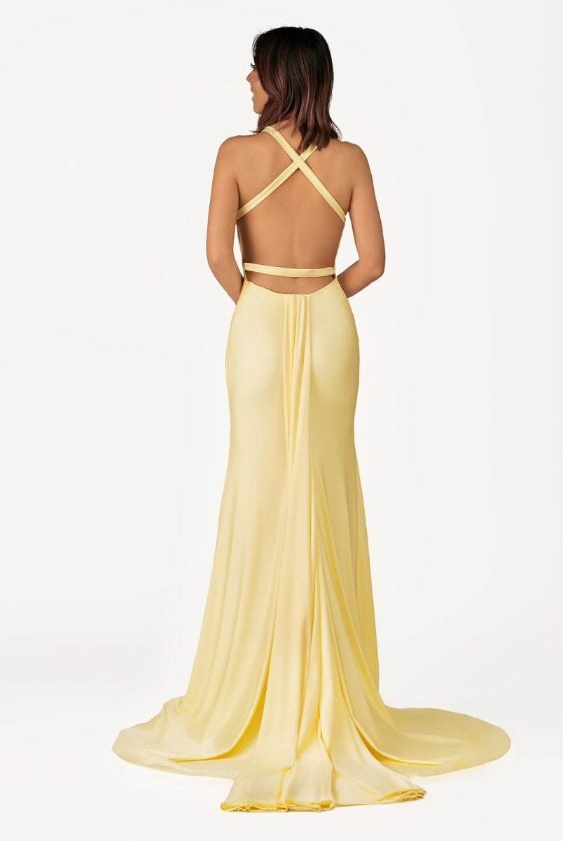 Quaylee | Yellow Mermaid V-Neck Satin Prom Dresses With Tail Evening Dress