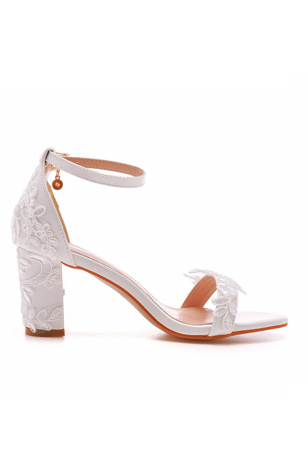 Open Toe White Lace Flowers Block Heels Ankle-Strap Pumps