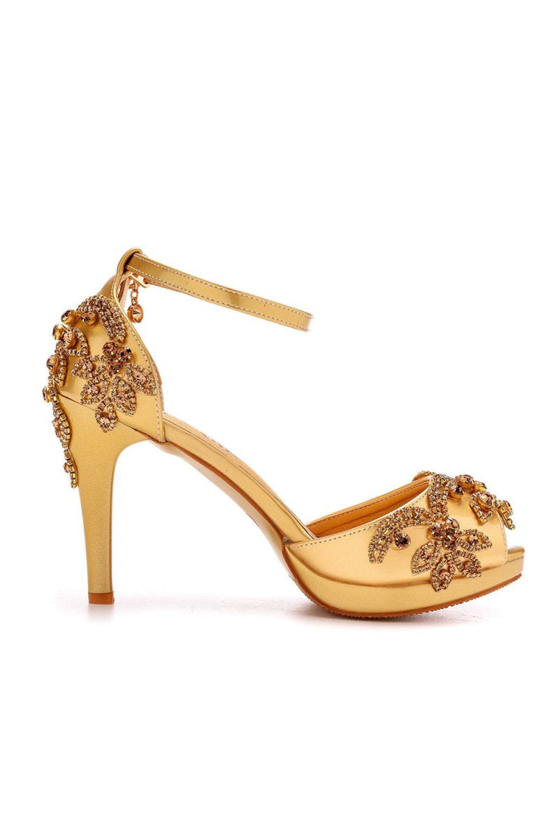 Rhinestone Flowers Decor Peep Toe Platform Stiletto Ankle - strap High Heels - KissProm