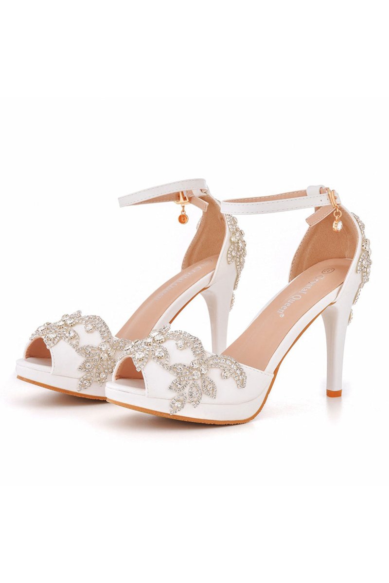 Rhinestone Flowers Decor Peep Toe Platform Stiletto Ankle - strap High Heels - KissProm