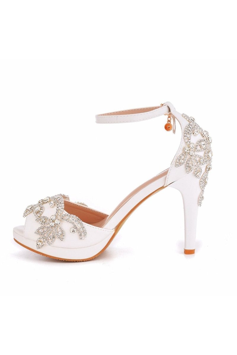 Rhinestone Flowers Decor Peep Toe Platform Stiletto Ankle - strap High Heels - KissProm