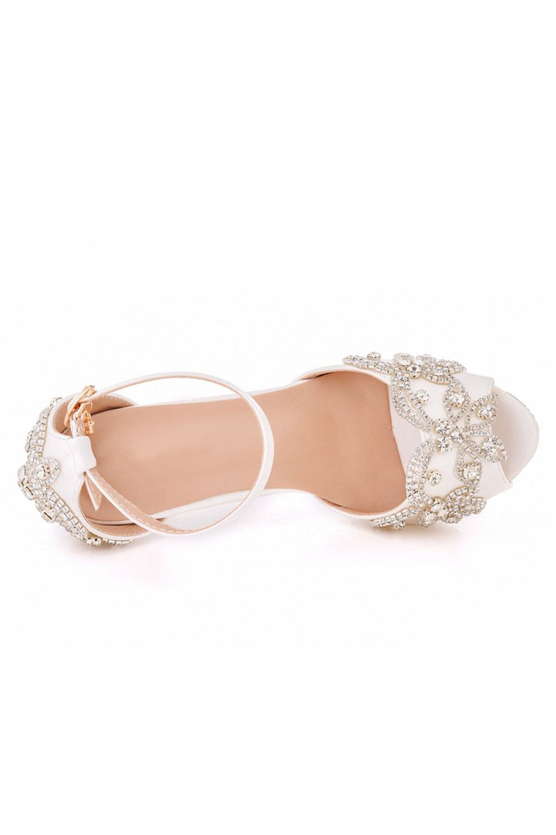 Rhinestone Flowers Decor Peep Toe Platform Stiletto Ankle - strap High Heels - KissProm