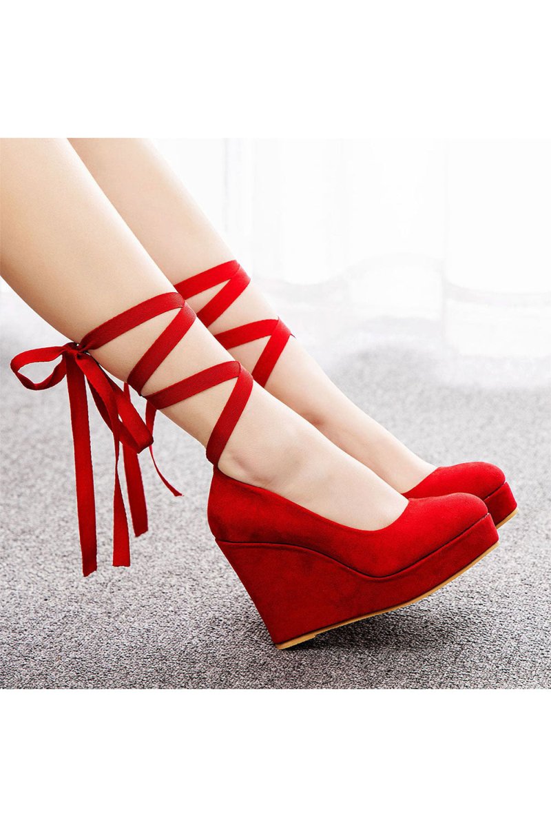 Sweet Round Toe Platform Heels Ankle Strap Wedges Heels - KissProm