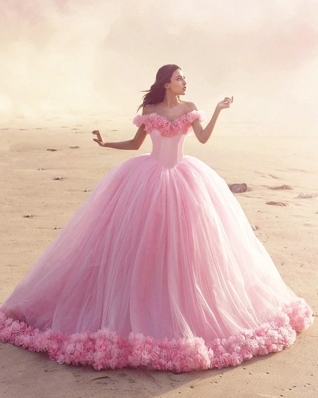Off Shoulder Flowers Tulle Ball Gown Pink Quinceanera Dresses