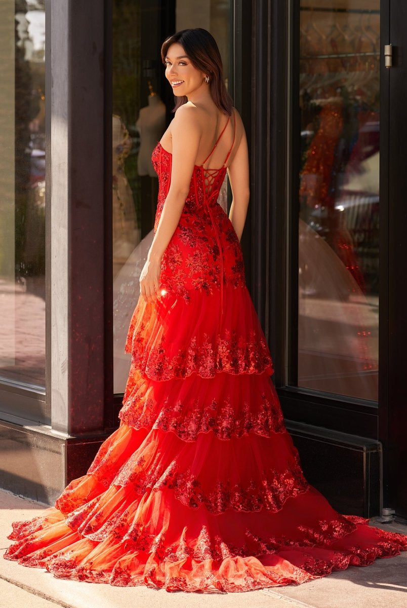 Andrea |Sheath One Shoulder Tiered Lace Long Prom Dress