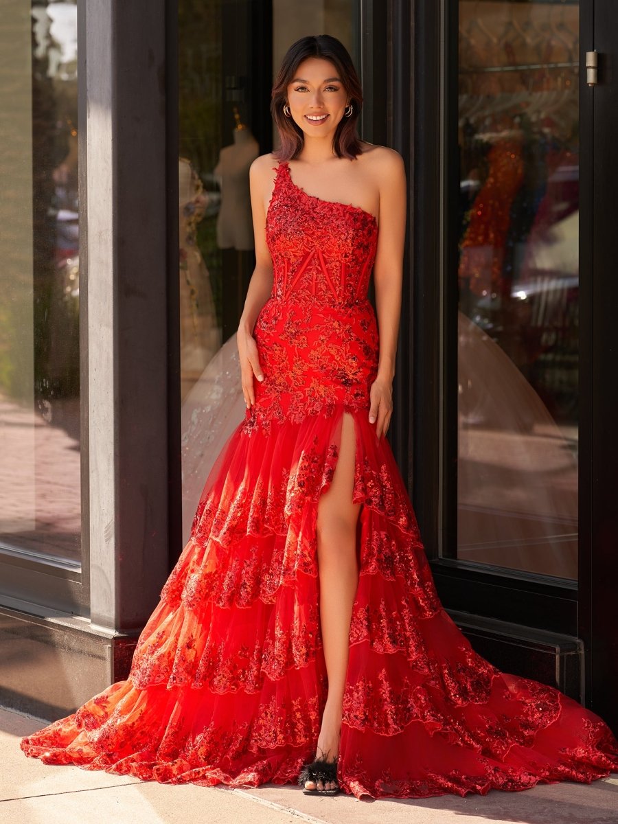 Andrea |Sheath One Shoulder Tiered Lace Long Prom Dress