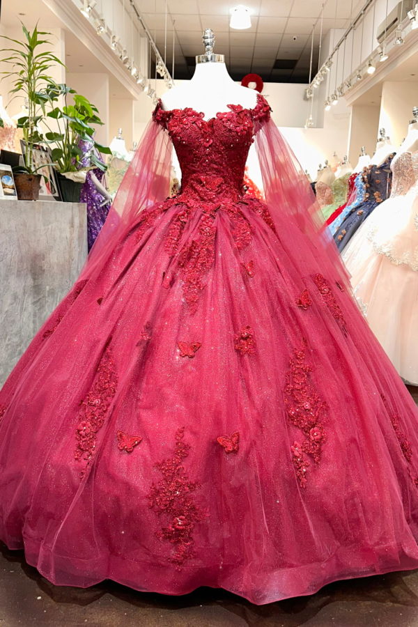 Red Long Sleeves 3D Flowers Quinceanera Dresses Appliqued