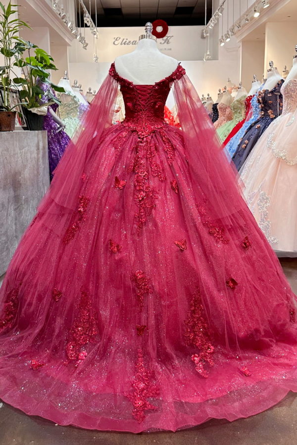 Red Long Sleeves 3D Flowers Quinceanera Dresses Appliqued