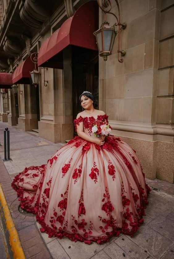 Red Lace Quinceanera Dresses Ball Gown Off shoulder Dress