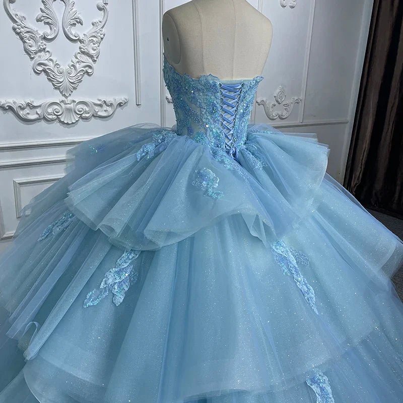 Romantic Princess Sleeveless Quinceanera Dresses Ruffle Strapless Sequins Ball Gown