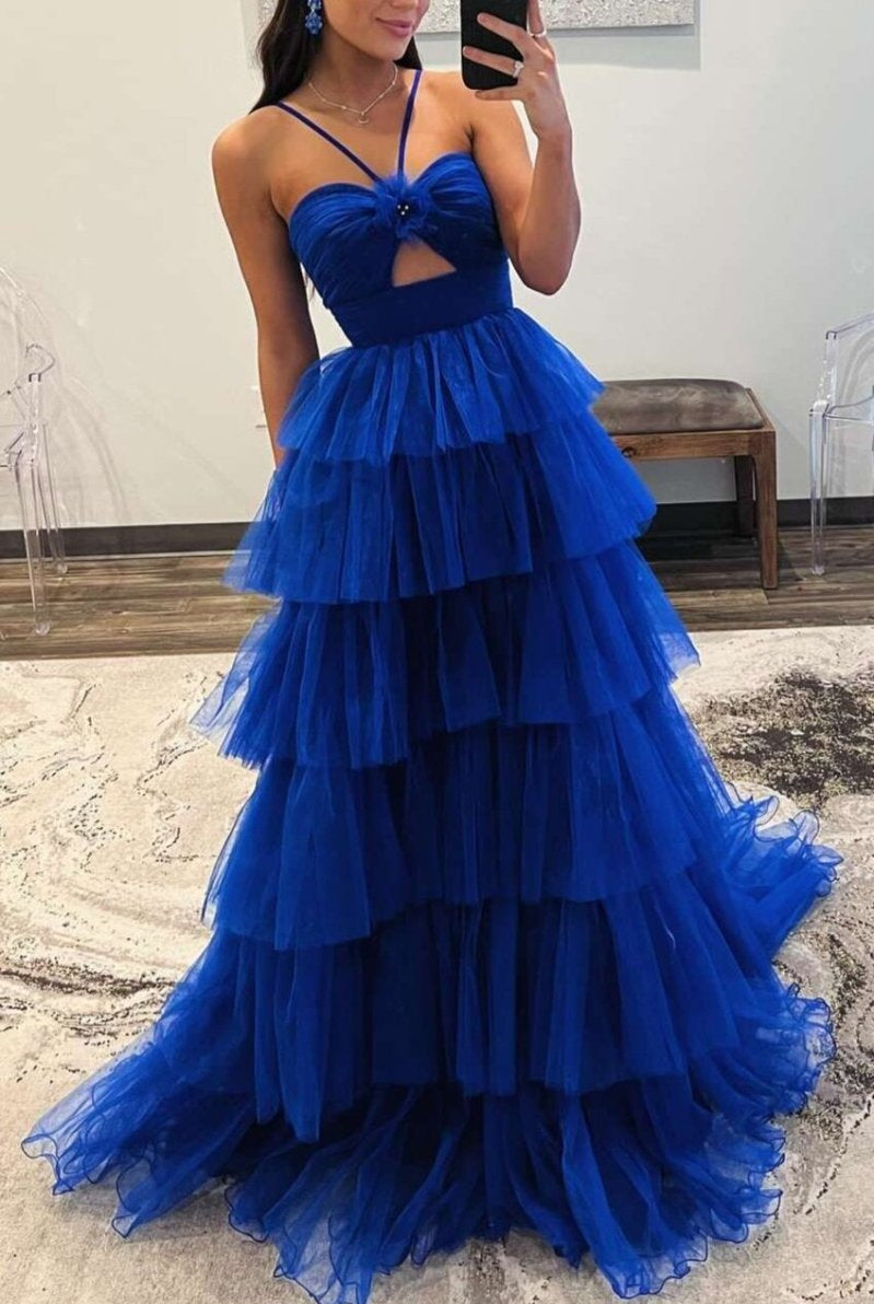 Emmeline| Blue Print Halter Keyhole Ruffle Tiered Long Prom Dress