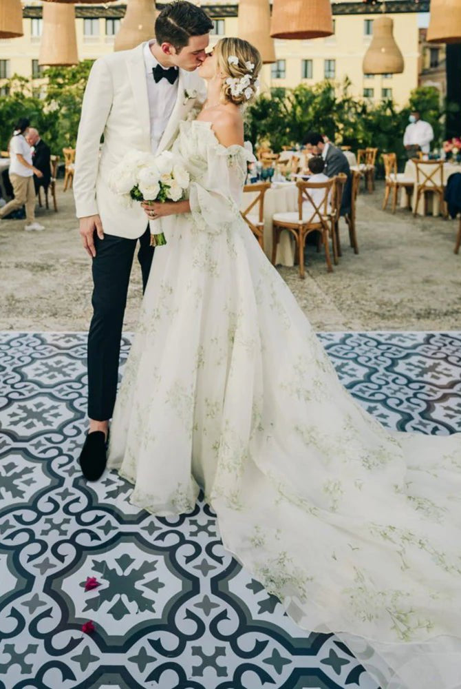 Danica | A - Line Floral Appliqued Majesty Bridal Wedding Dress with Ruffles - KissProm